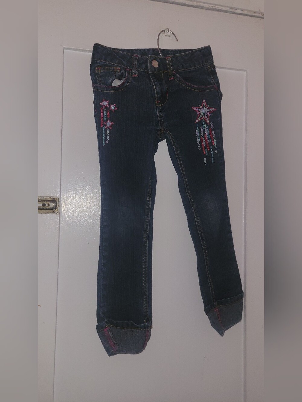 Girls Dark Wash Jeans with Pink Star Sequin Accents